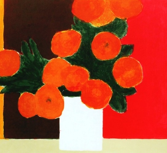 ベルナール・カトランの絵画作品　タイトルは、ピンクの背景の百日草